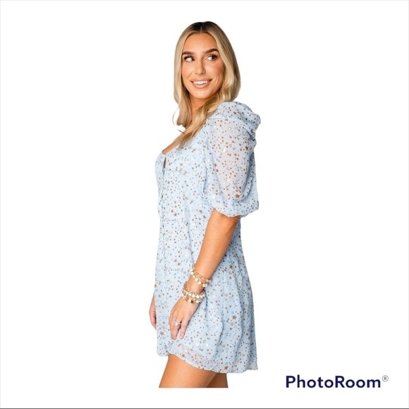 NWT BUDDY LOVE Blue Jennifer Puff Sleeve Star Print Mini Dress XS Starbright - Picture 8 of 14